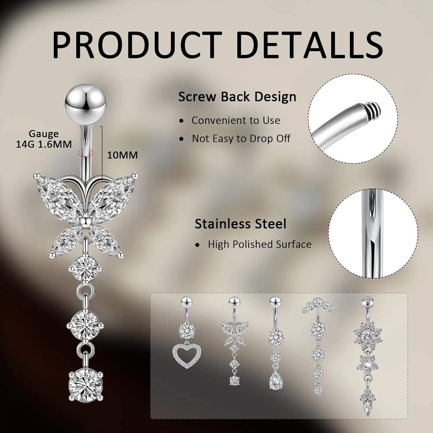 5pcs Belly Button Ring 14G 1.6MM Dangle Navel Belly Piercing Jewelry Cute CZ Heart Butterfly Flower Navel Belly Rings Silver Stainless Steel Belly Piercing for Women