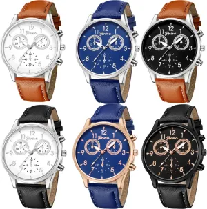 6 Pack Men's Leather Quartz Watch Geneva Casual Dress Wrist Band Watches Wholesale Lots Set