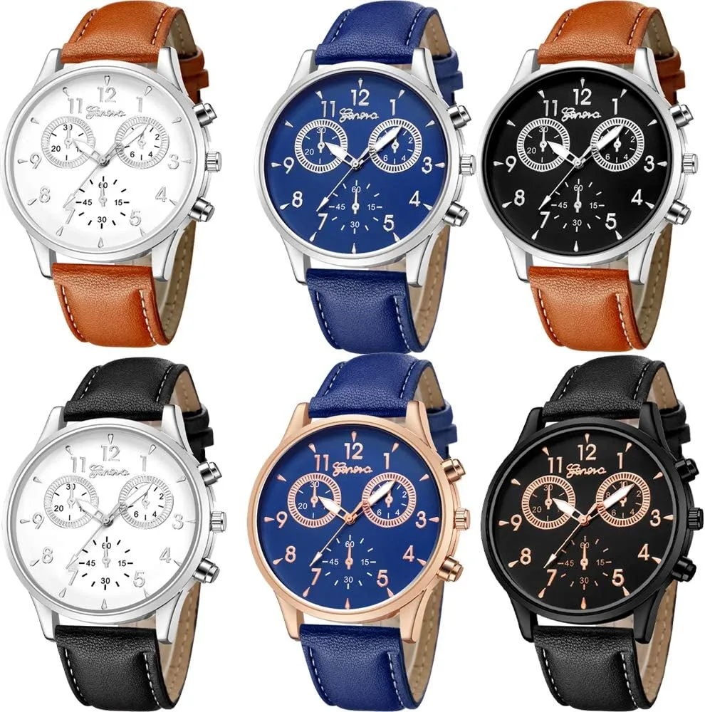 6 Pack Men's Leather Quartz Watch Geneva Casual Dress Wrist Band Watches Wholesale Lots Set