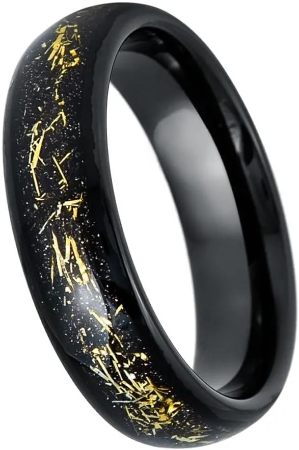 6mm Black Tungsten Carbide Ring with Crushed Meteorite & Gold Flakes  Comfort Fit Wedding Band  Scratch Resistant, Hypoallergenic  Unique Galaxy-Inspired Design for Men and Women.