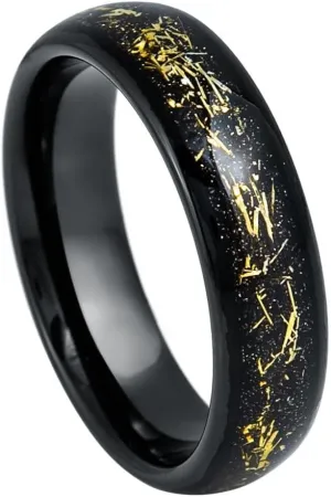 6mm Black Tungsten Carbide Ring with Crushed Meteorite & Gold Flakes  Comfort Fit Wedding Band  Scratch Resistant, Hypoallergenic  Unique Galaxy-Inspired Design for Men and Women.