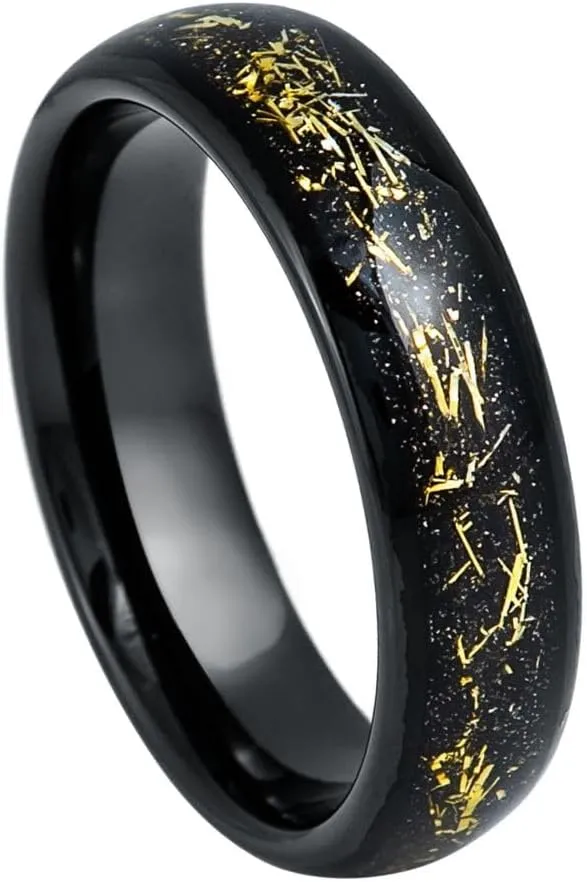 6mm Black Tungsten Carbide Ring with Crushed Meteorite & Gold Flakes  Comfort Fit Wedding Band  Scratch Resistant, Hypoallergenic  Unique Galaxy-Inspired Design for Men and Women.