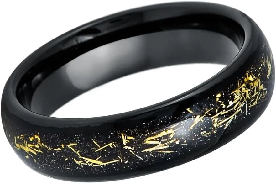 6mm Black Tungsten Carbide Ring with Crushed Meteorite & Gold Flakes  Comfort Fit Wedding Band  Scratch Resistant, Hypoallergenic  Unique Galaxy-Inspired Design for Men and Women.