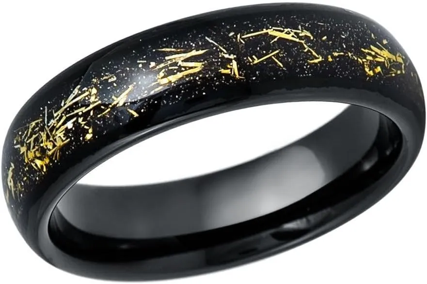 6mm Black Tungsten Carbide Ring with Crushed Meteorite & Gold Flakes  Comfort Fit Wedding Band  Scratch Resistant, Hypoallergenic  Unique Galaxy-Inspired Design for Men and Women.