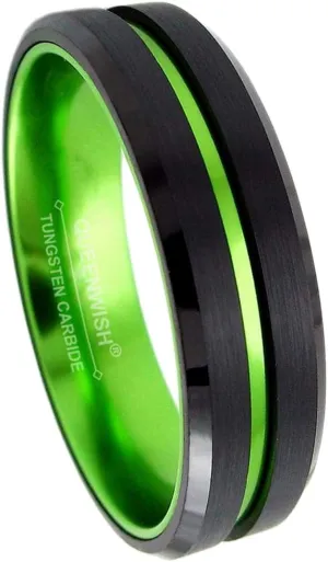 6mm Men's Black Tungsten Rings Green Plated Grooved Black Matte Finish Beveled Edges Engagement Couples Rings Size 9.5