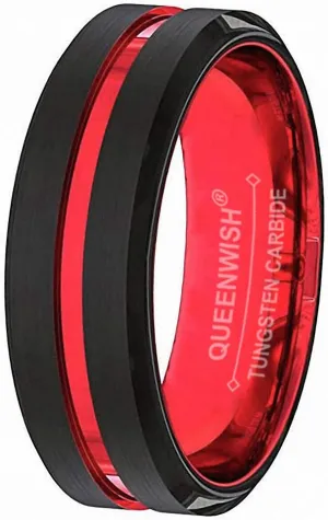 6mm Men's Black Tungsten Rings Red Plated Grooved Black Matte Finish Beveled Edges Engagement Couples Rings Size 5