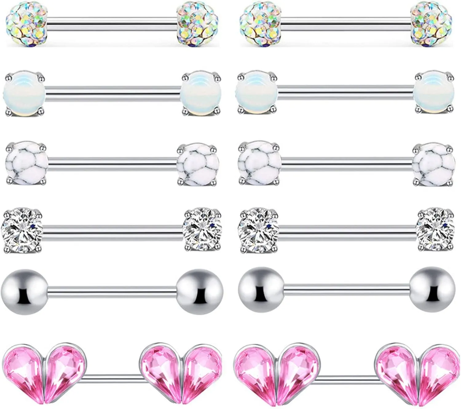 6Pairs 14G Stainless Steel Nipple Rings Glitter CZ Heart Ball Straight Barbell Bars Tongue Ring 16mm(5/8Inch) Body Piercing Jewelry Set