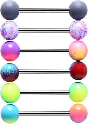 6Pcs 14G Stainless Steel Nipple Rings Colorful Acrylic Double Balls Straight Barbell Bars Tongue Ring 16mm(5/8 Inch) Body Piercing Jewelry Set