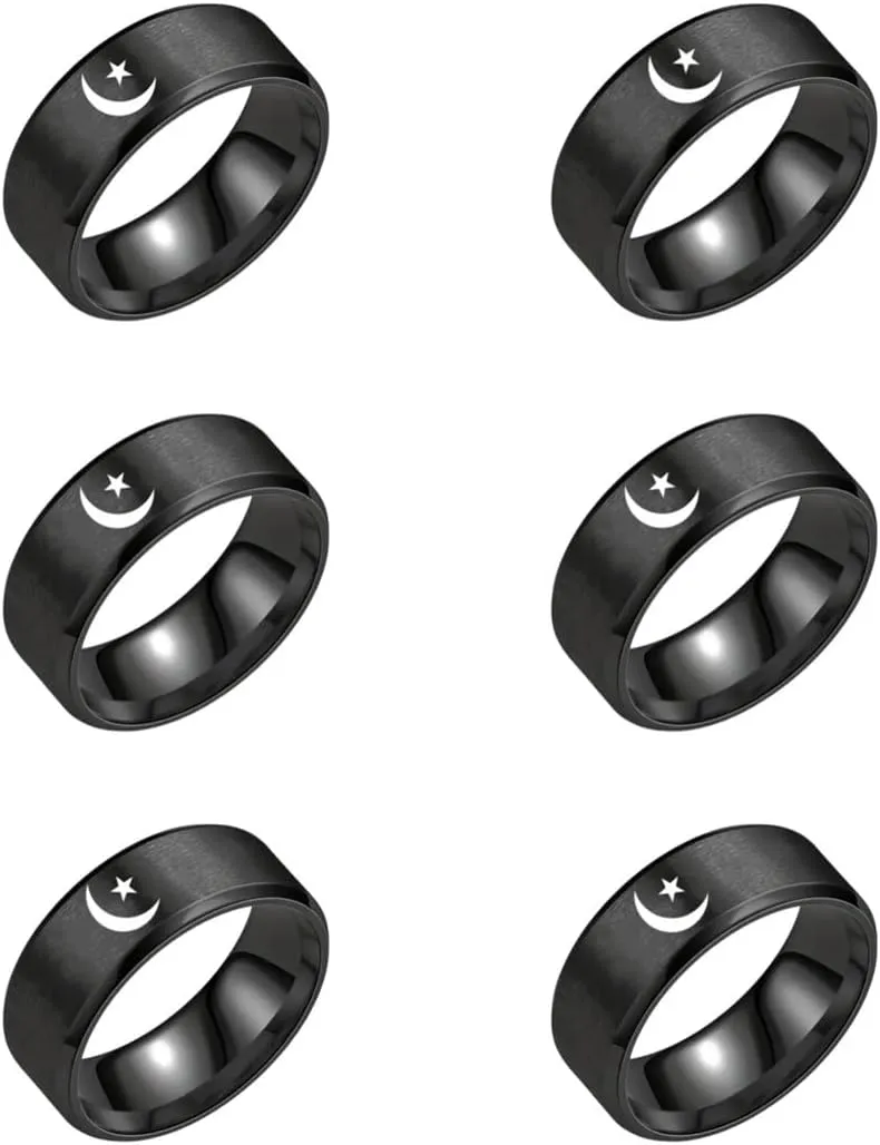 6pcs Minimalist Crescent Moon and Star Rings, Islamic Stainless Steel Rings Muslim Faith Symbolic Stackable Rings Eid Ramadan Gifts for Men Women