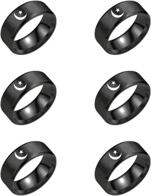6pcs Minimalist Crescent Moon and Star Rings, Islamic Stainless Steel Rings Muslim Faith Symbolic Stackable Rings Eid Ramadan Gifts for Men Women
