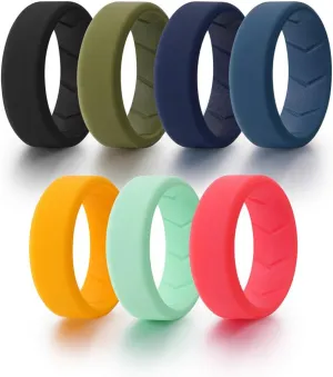 7-Pack Men's Solid Color Silicone Rings  Breathable 8mm Wide Band, Comfort Fit (Size 7-15), Non-Slip, Lightweight Wedding Bands for Active Lifestyle, Gym, Work, Travel