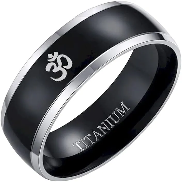 8Mm Aum Om Black Ring For Men Titanium Casual Simple Male Religious Faith Jewelry