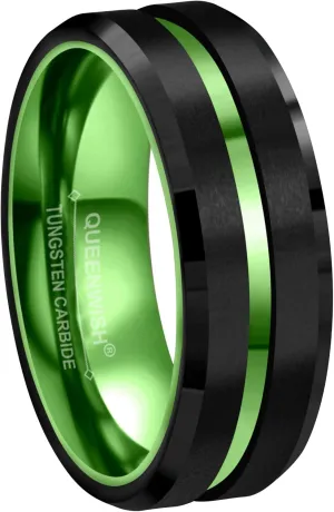 8mm Men Green-Black Tungsten Carbide Wedding Bands Matte Finish Beveled Edges Engagement Couples Rings Size 13.5