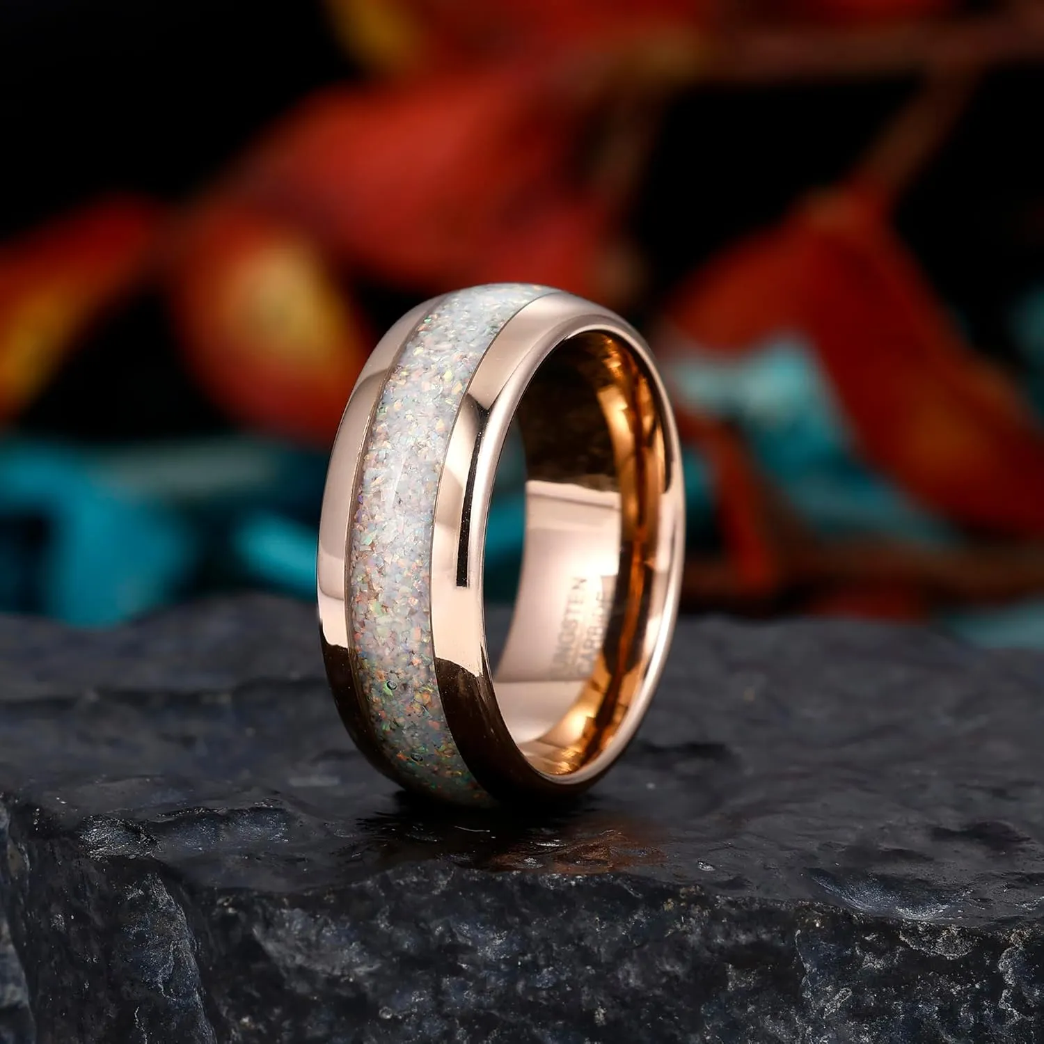 8mm Tungsten Rings for Men Women Rose Gold Men's Tungsten Wedding Promise Bands with White Opal and Moss Agate Inlay Daily Wear Size 7-14