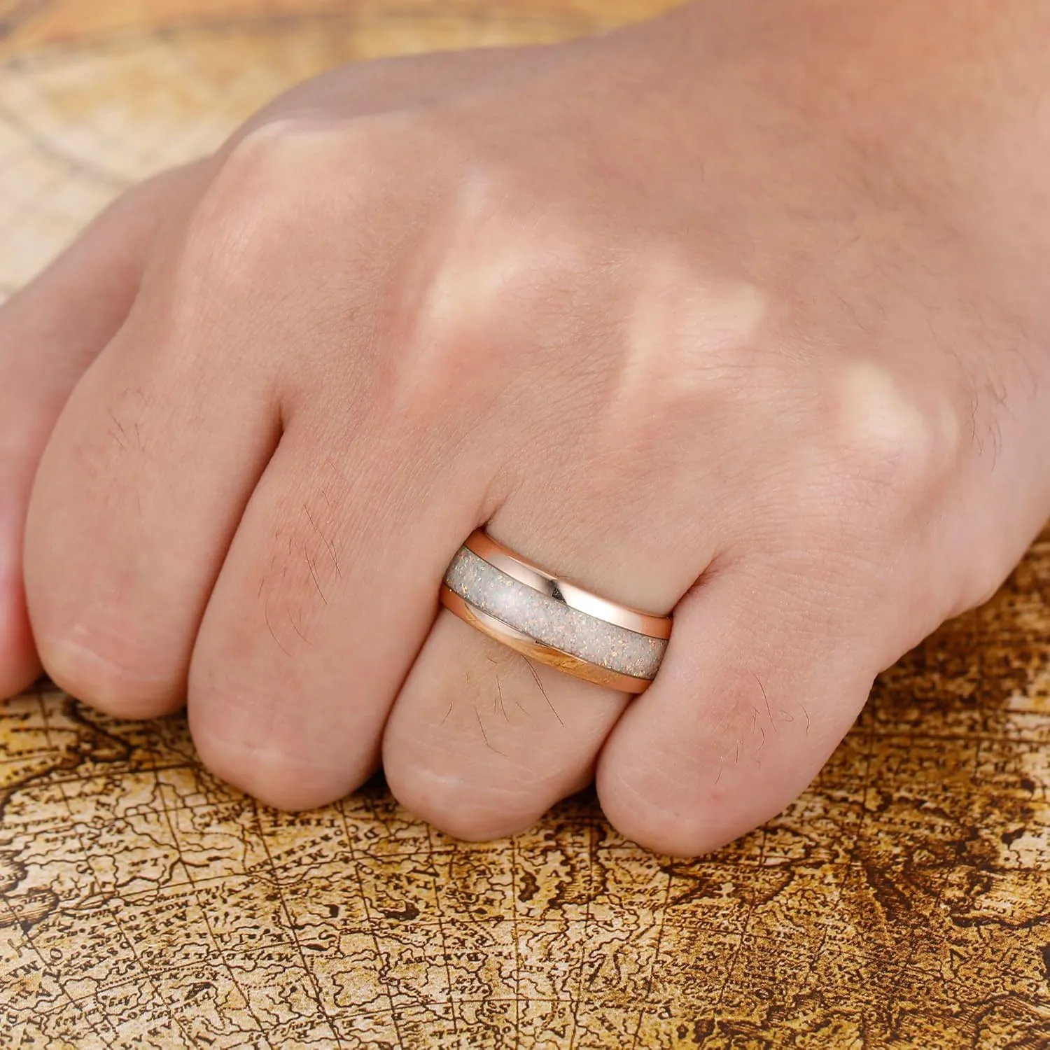 8mm Tungsten Rings for Men Women Rose Gold Men's Tungsten Wedding Promise Bands with White Opal and Moss Agate Inlay Daily Wear Size 7-14