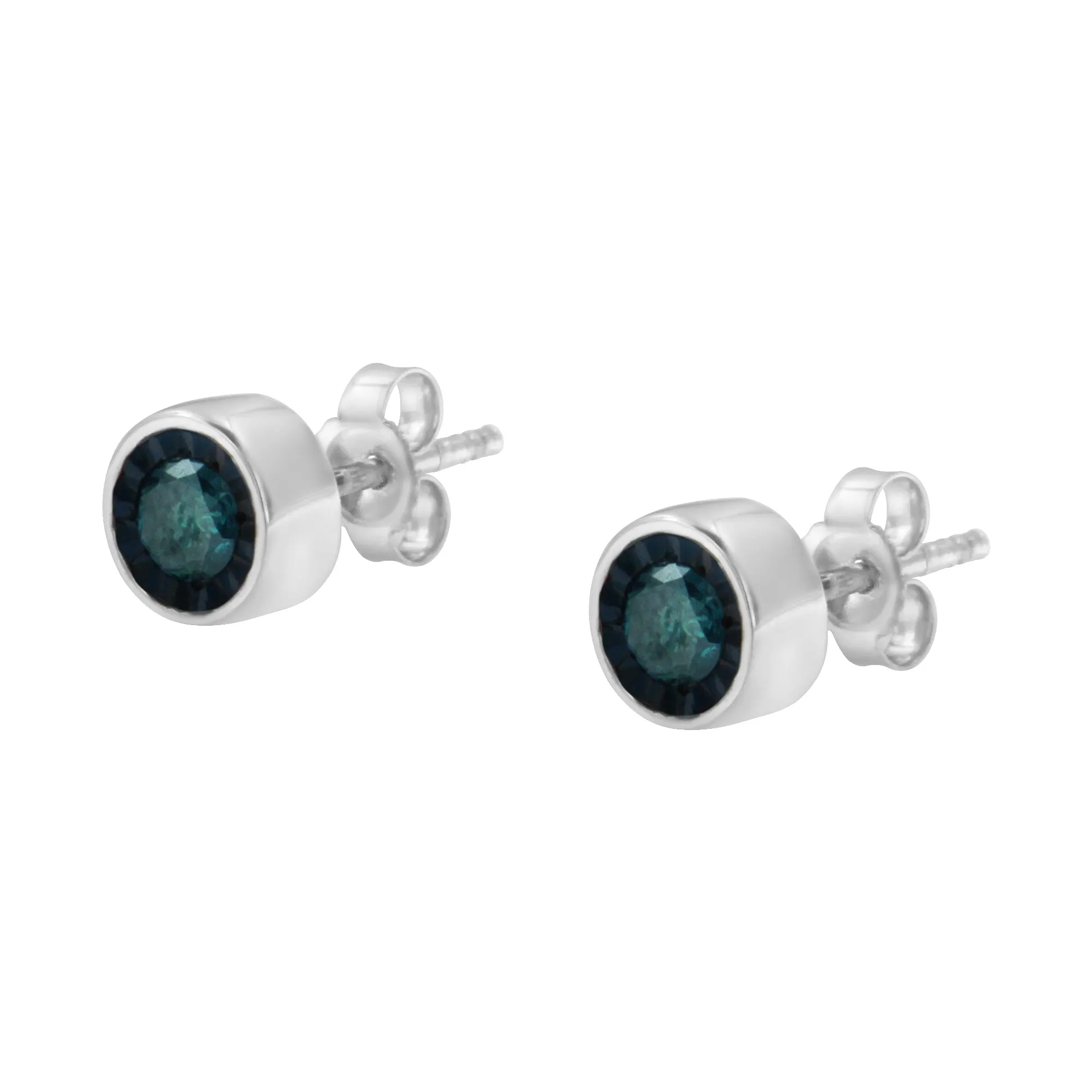 .925 Sterling Silver 0.40 Cttw Round Brilliant-Cut Blue Diamond Miracle-Set Stud Earrings