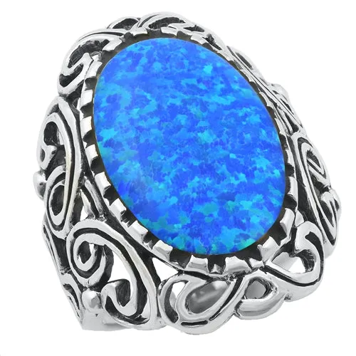 925 Sterling Silver 31mm Filigree Ring With Opal.