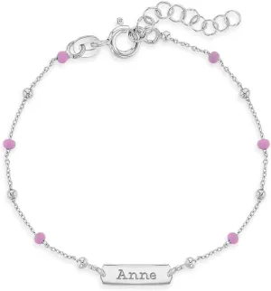 925 Sterling Silver Adjustable Small Pink Enamel Ball Tag Identification Bracelets for Young Girls - Fashionable & Cute Name ID Bracelets for Children - Personalized Tag Plate Bracelet for Preteens