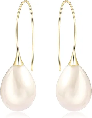 925 Sterling Silver Big White Teardrop Pearl Dangle Drop Earrings for Women Lightweight Simple Gold Hoop Dainty Pearl Dangling for Brides Weddings