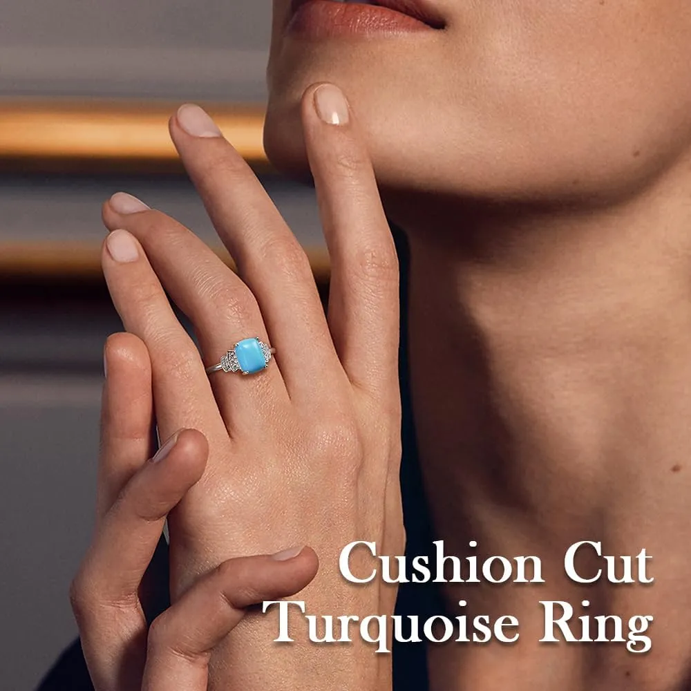 925 Sterling Silver Halo Engagement Wedding Ring Cushion/Triangle/Round Shaped Opal Turquoise Sapphire Gemstone Ring Fashion Jewelry Gift for Women Girls Size 6 to 10