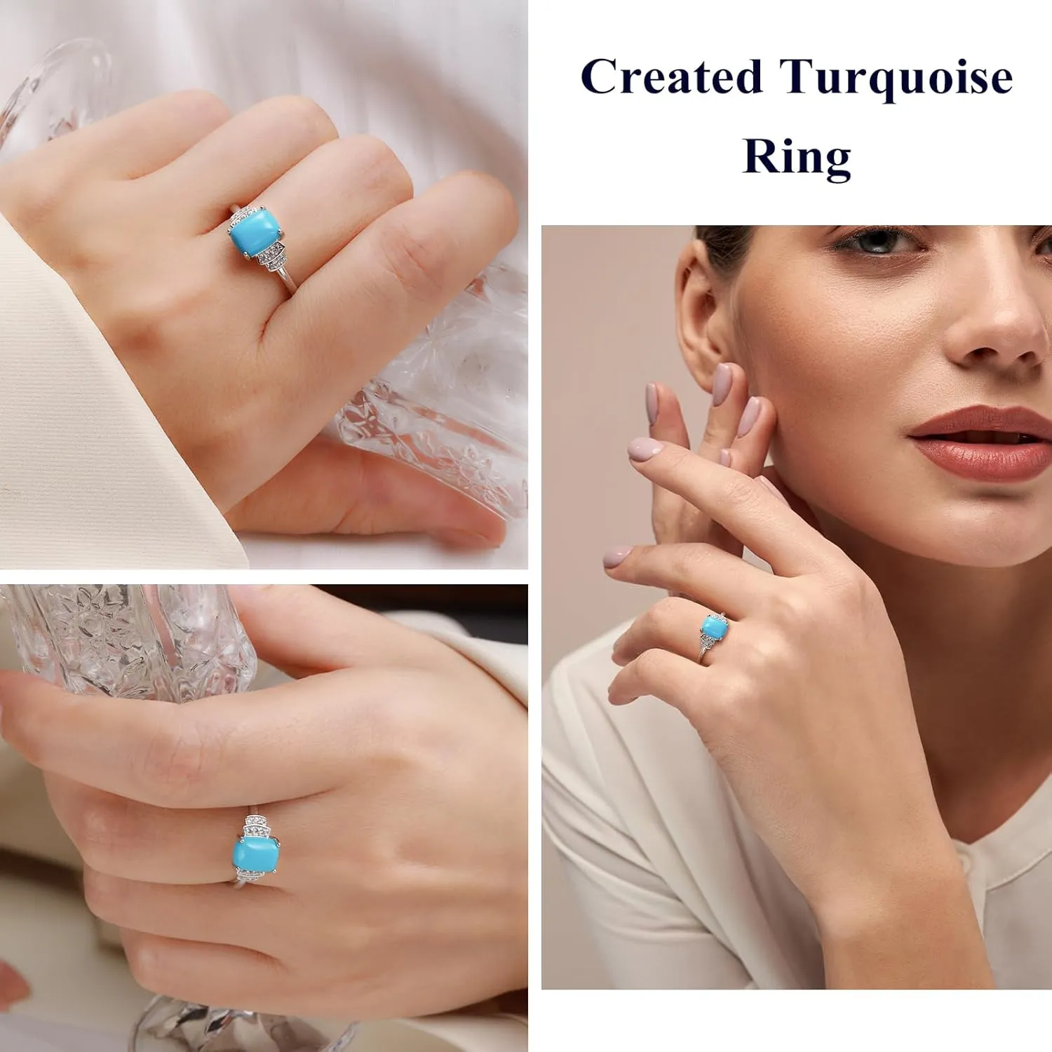 925 Sterling Silver Halo Engagement Wedding Ring Cushion/Triangle/Round Shaped Opal Turquoise Sapphire Gemstone Ring Fashion Jewelry Gift for Women Girls Size 6 to 10