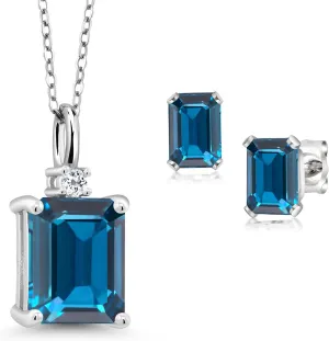 925 Sterling Silver London Blue Topaz and White Topaz Pendant and Earrings Jewelry Set For Women (5.36 Cttw, Gemstone November Birthstone, Emerald Cut 10X8MM and 6X4MM, with 18 Inch Chain)