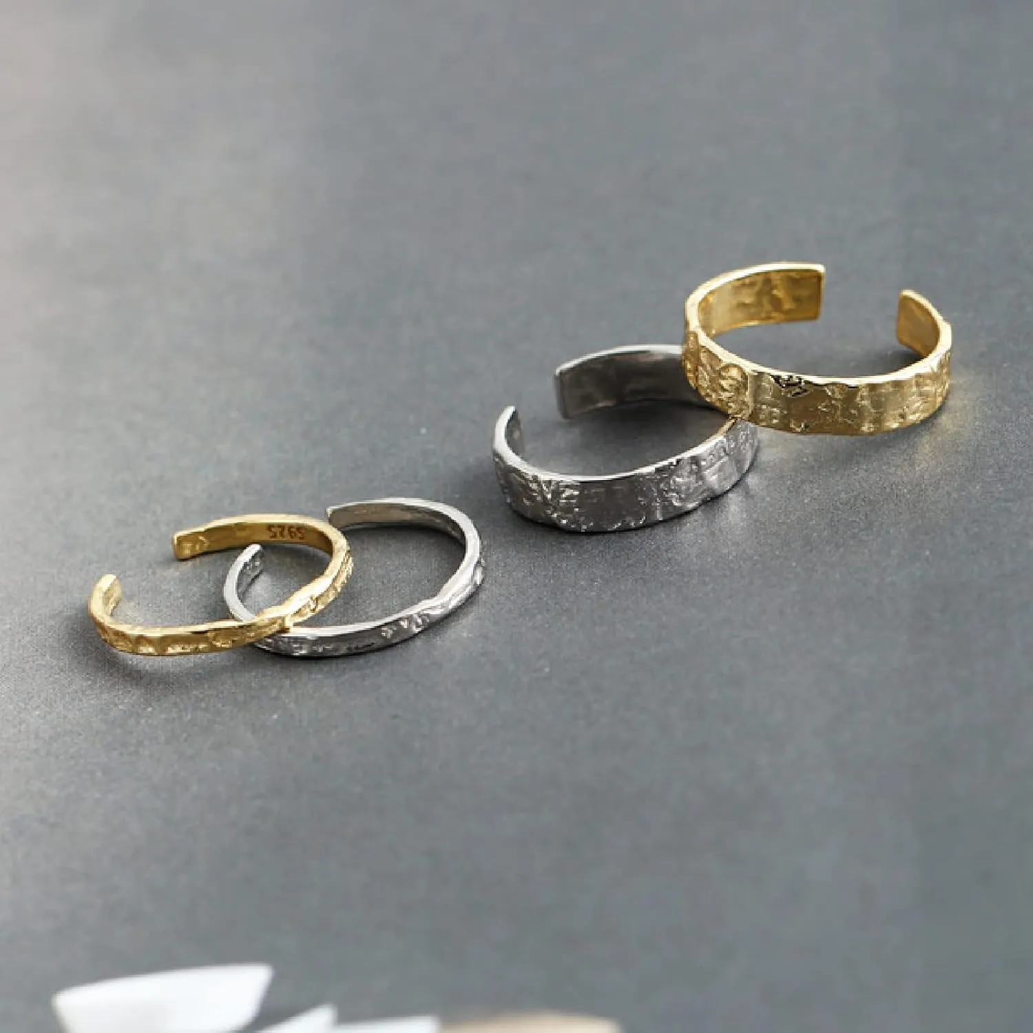 925 Sterling Silver Minimalist Hammered Textured Handmade Ring, 4.2mm Wide Ring Band   2mm Thin Knuckle Midi Stacking Ring, Adjustable Stackable Ring Size 6 to 9