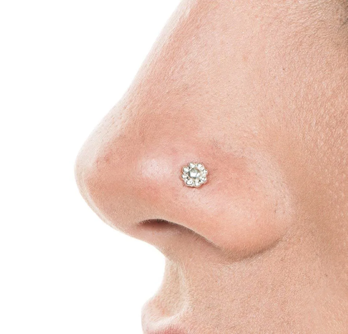 925 Sterling Silver Nose Stud, Unique Flower Nose Screw Piercing Jewelry, Indian Style, 20 Gauge, Handmade by Alagia