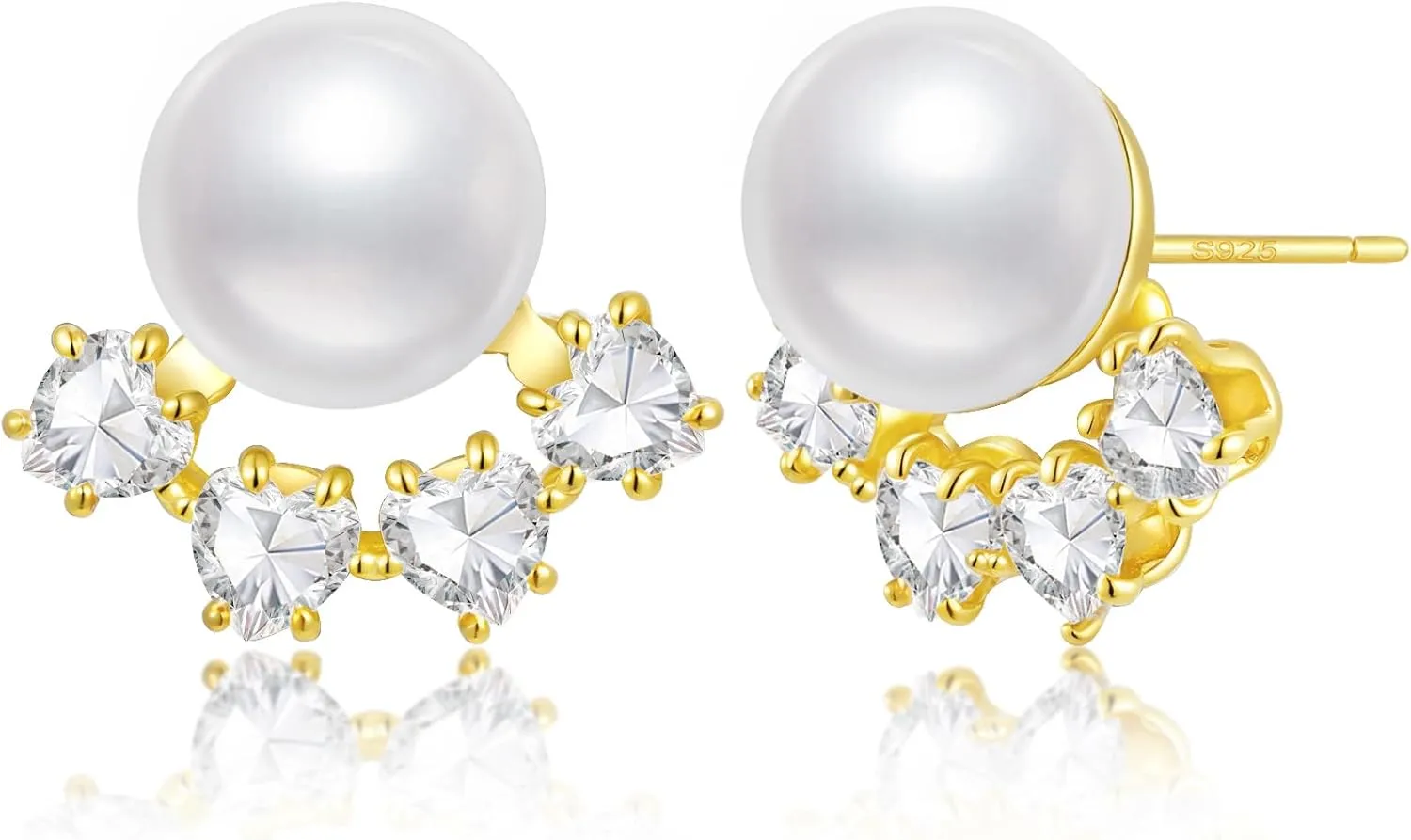 925 Sterling Silver Pearl Earrings for Women - 18K Gold Plated Stud Earring with Heart Cubic Zirconia Dainty Elegant Jewelry Gifts for Her Birthday Mothers Day Wedding