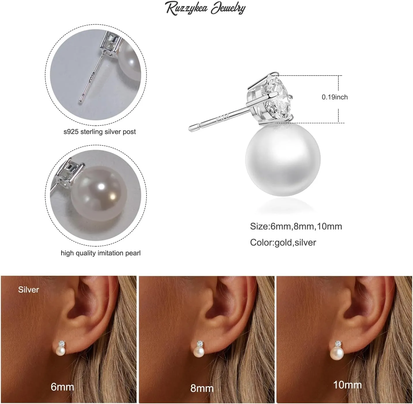 925 Sterling Silver Post Pearl Earrings Gold/Silver CZ Diamond Pearl Stud Earrings Bridesmaid Wedding Earrings Women Jewelry Gifts 6mm/8mm/10mm