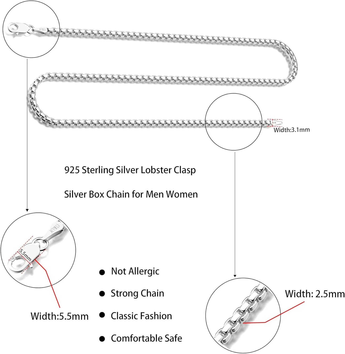 925 Sterling Silver Rope Chain Lobster Clasp 2.5mm Silver Chain for Men Women Silver Necklace Chain 16-30 Inches