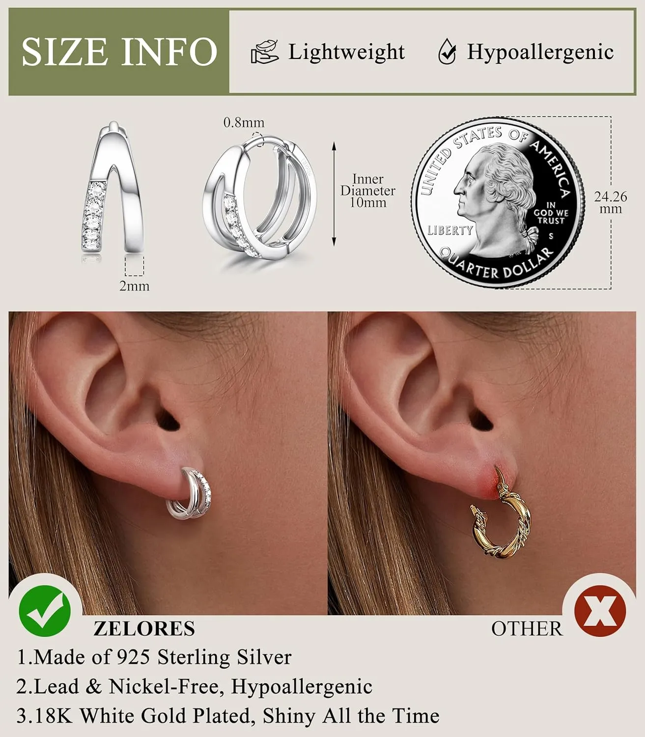 925 Sterling Silver Small Hoop Earrings for Women 18K White Gold Plated Cubic Zirconia Huggie Hoop Earrings Dainty Hoops Earring Double Hoop Earrings