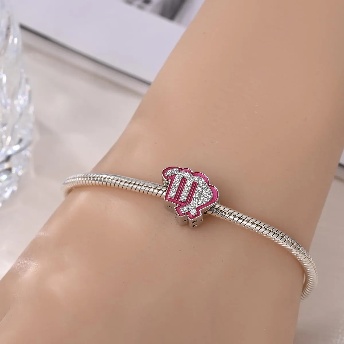 925 Sterling Silver Zodiac Signs Charms Fits Pandora Bracelets Constellation Bead Charm for Bracelets Necklace Pink with 5A Cubic Zirconia for Women Birthday Ceremony DIY Jewelry Gift