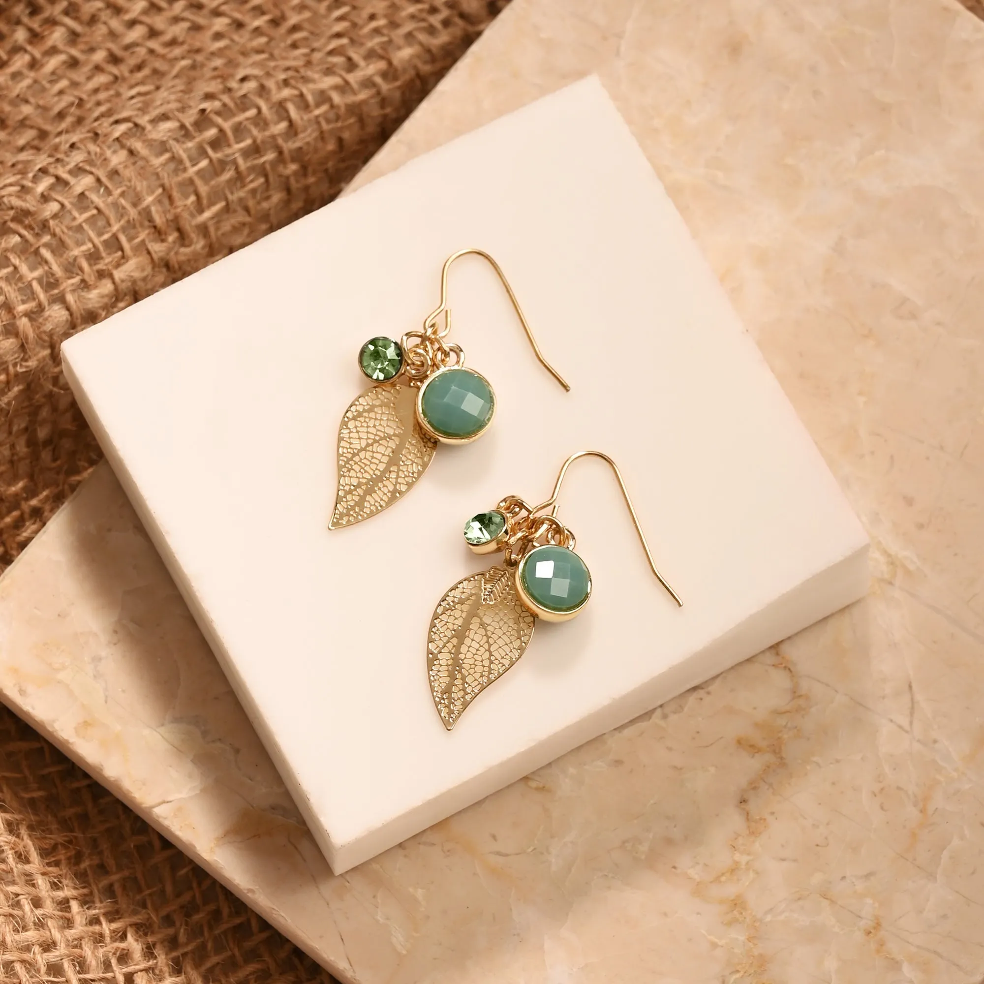 Accessorize London Women Green Stone Charm Leaf Drop Earrings