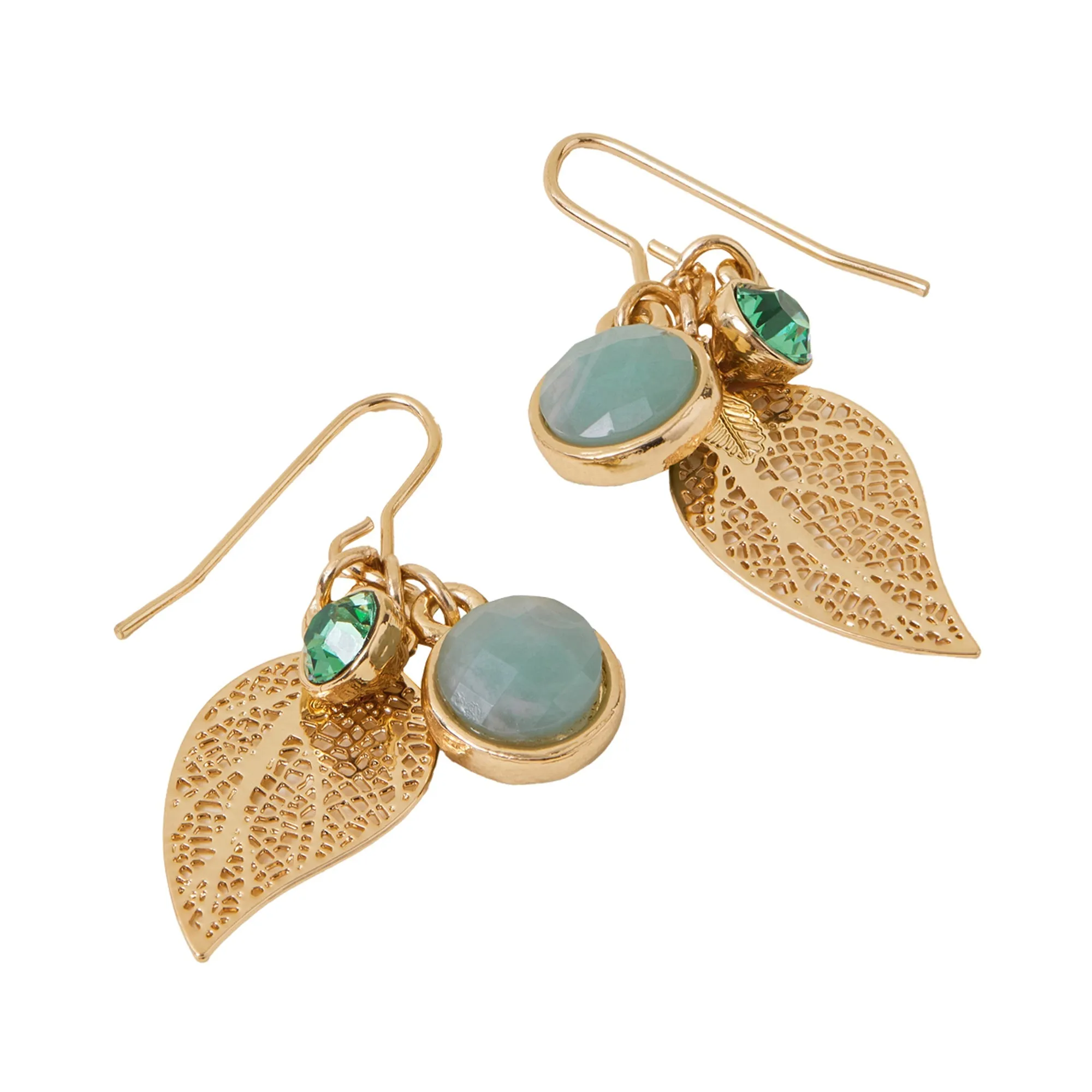 Accessorize London Women Green Stone Charm Leaf Drop Earrings