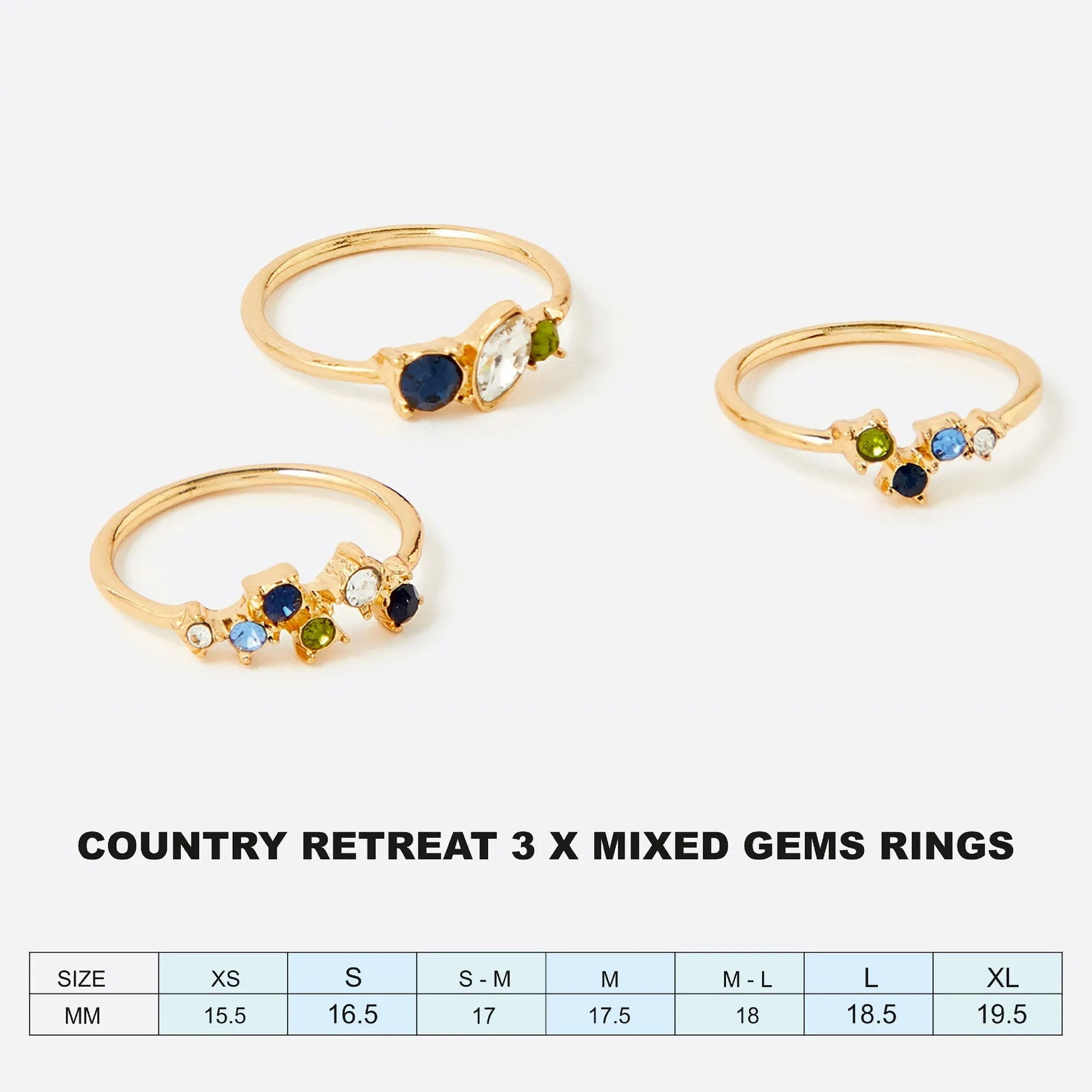 Accessorize London Women's Country Retreat Set Of 3  Mixed Gems Rings Medium