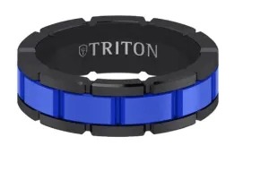 ACRE 7MM Black Tungsten Comfort Fit Ring with Blue Ceramic T-Link Design Center