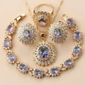 African Wedding Necklace Big Sunflower Jewelry Sets Gold Color Luxury Woman Earrings Charm Bracelet And Ring Bridal Costume