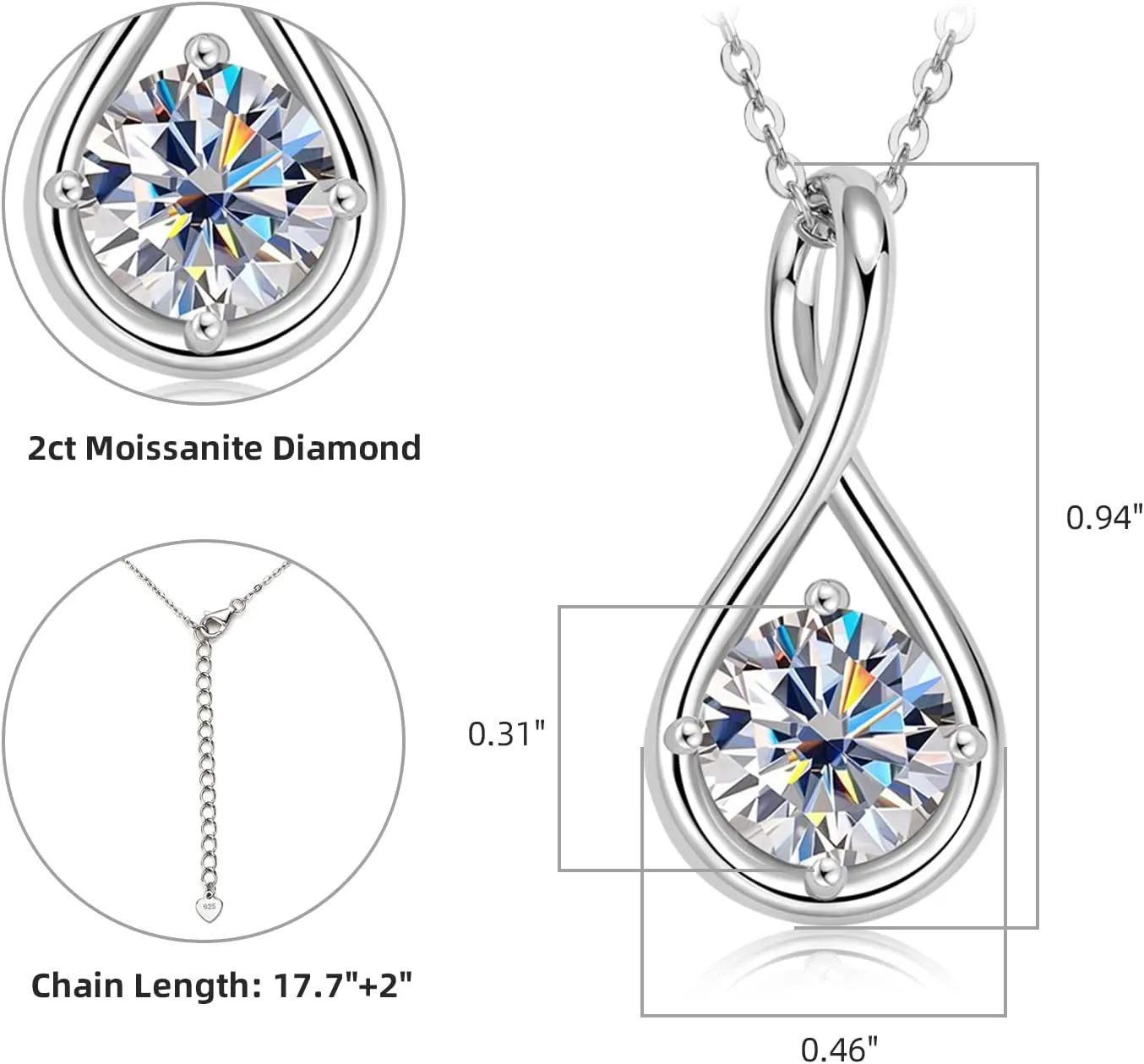 AINUOSHI Infinity Moissanite Necklaces for Women, 925 Sterling Silver Moissanite Pendant Necklace 2ct D Color VVS1 Clarity, White Gold Plated Dainty Necklace for Women Jewelry Gifts