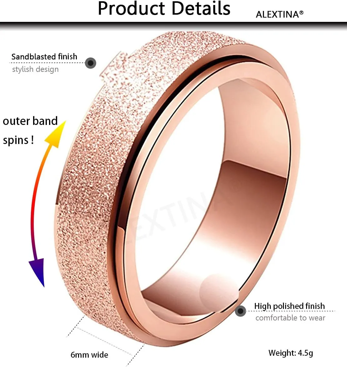 ALEXTINA Anxiety Ring for Women Men Fidget Rings - 6mm 8mm Stainless Steel Spinner Rings for Anxiety Relief Items for Women Silver Rose Gold Rainbow Sandblast Glitter Finish