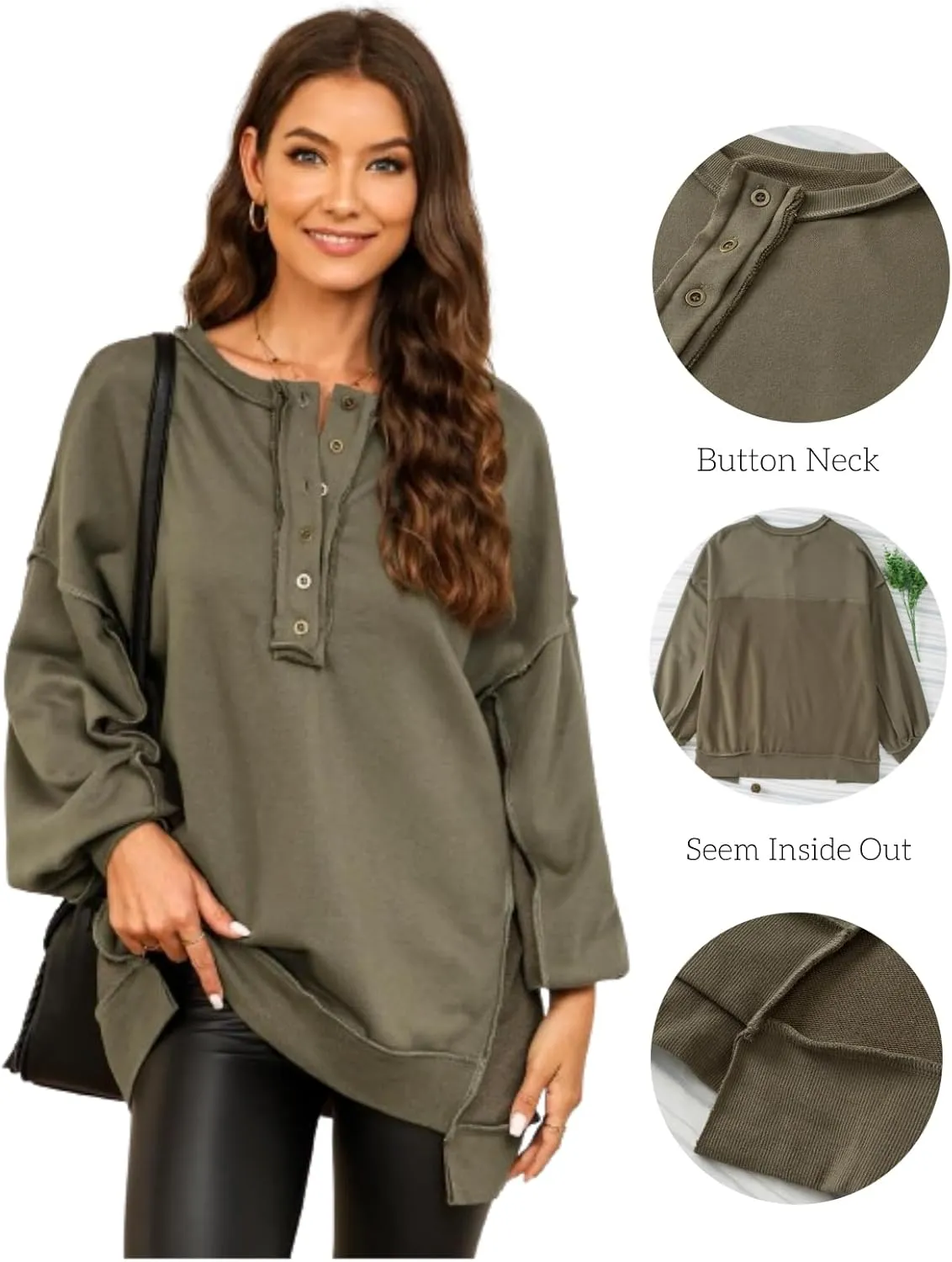 AlvaQ Women's Oversized Sweatshirt Casual Long Sleeve Button Henley Neck Pullover Tunic Tops Outfits