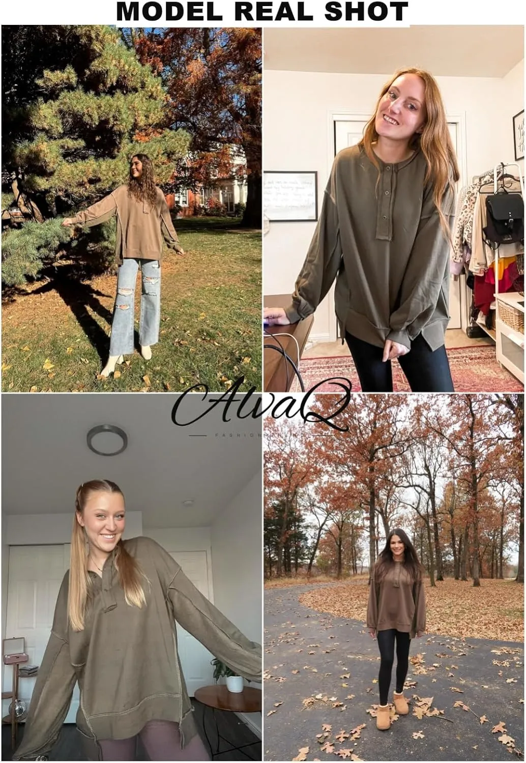 AlvaQ Women's Oversized Sweatshirt Casual Long Sleeve Button Henley Neck Pullover Tunic Tops Outfits