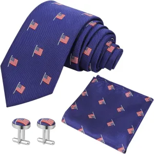 American Flag Tie US Flag Tie Set with Handkerchief Pocket Square Cufflinks, Mens Necktie for Party Events Festival Wedding
