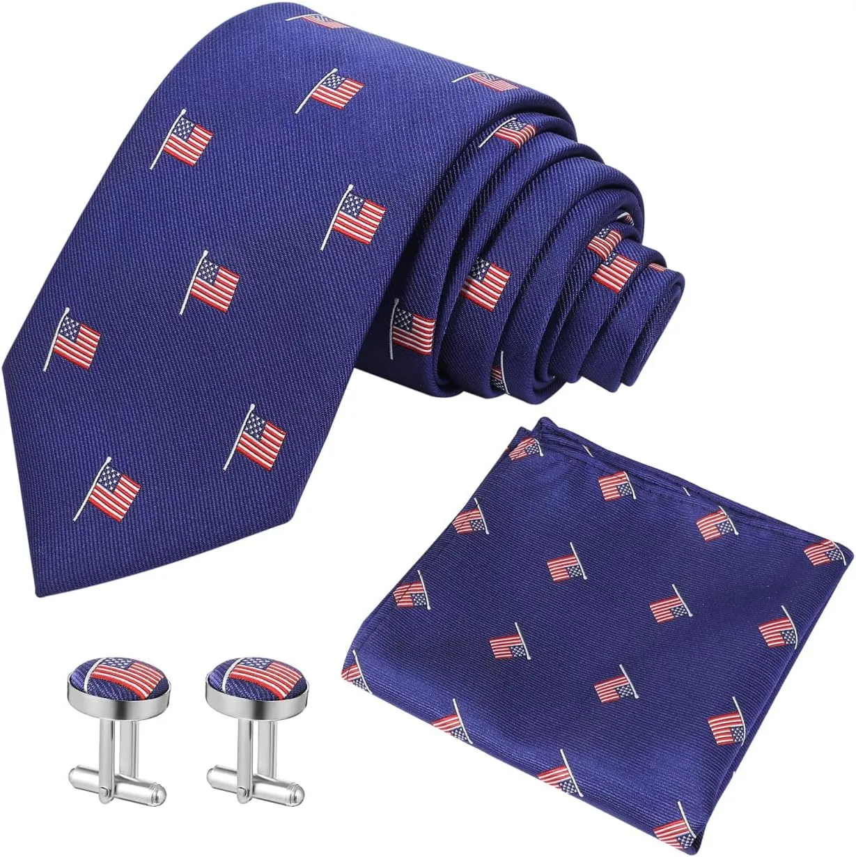 American Flag Tie US Flag Tie Set with Handkerchief Pocket Square Cufflinks, Mens Necktie for Party Events Festival Wedding