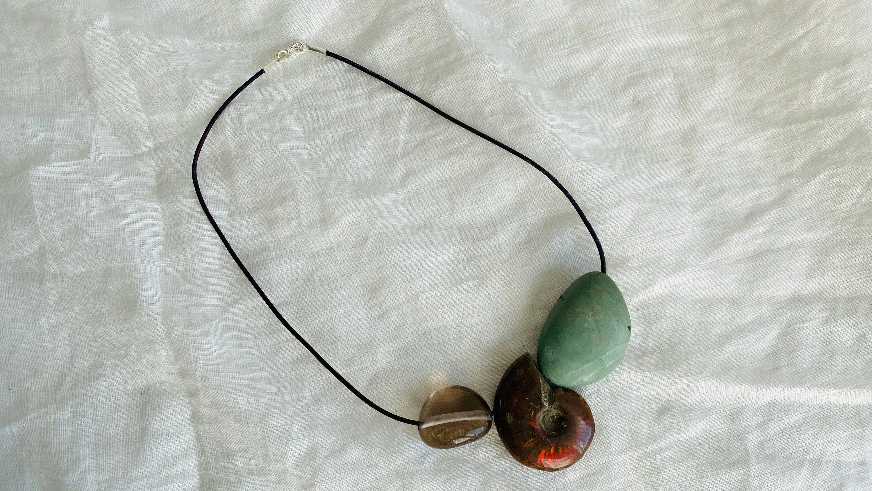 Ammonite, Japer and Smoky Quartz Pendant Necklace.
