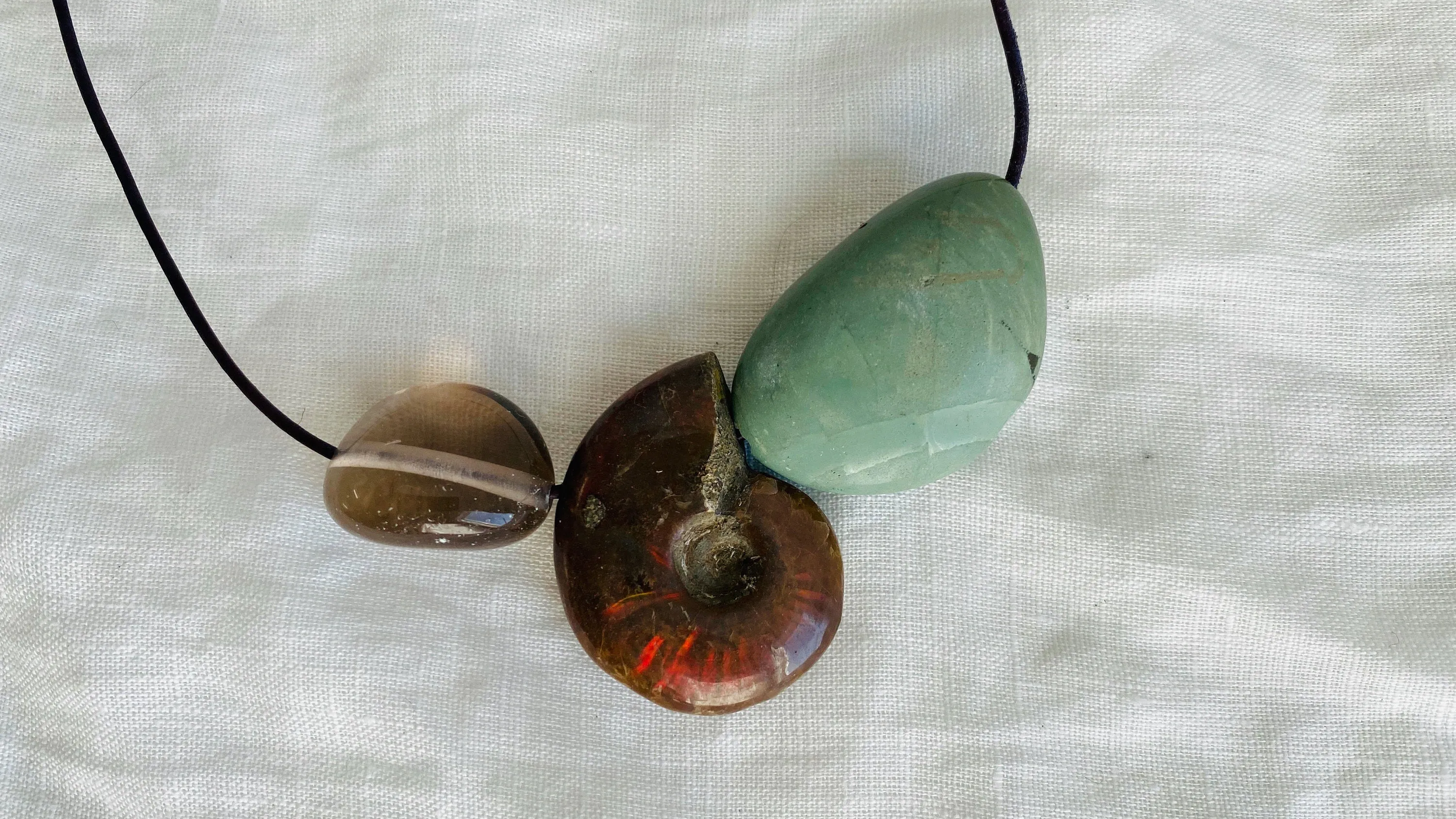 Ammonite, Japer and Smoky Quartz Pendant Necklace.
