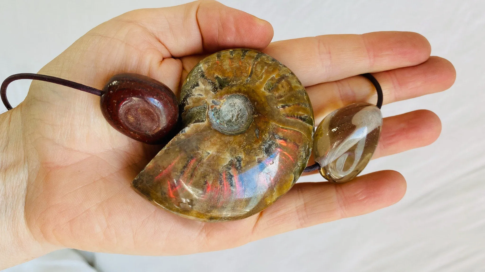 Ammonite, Red Tiger's Eye and Smoky Quartz Pendant Necklace.