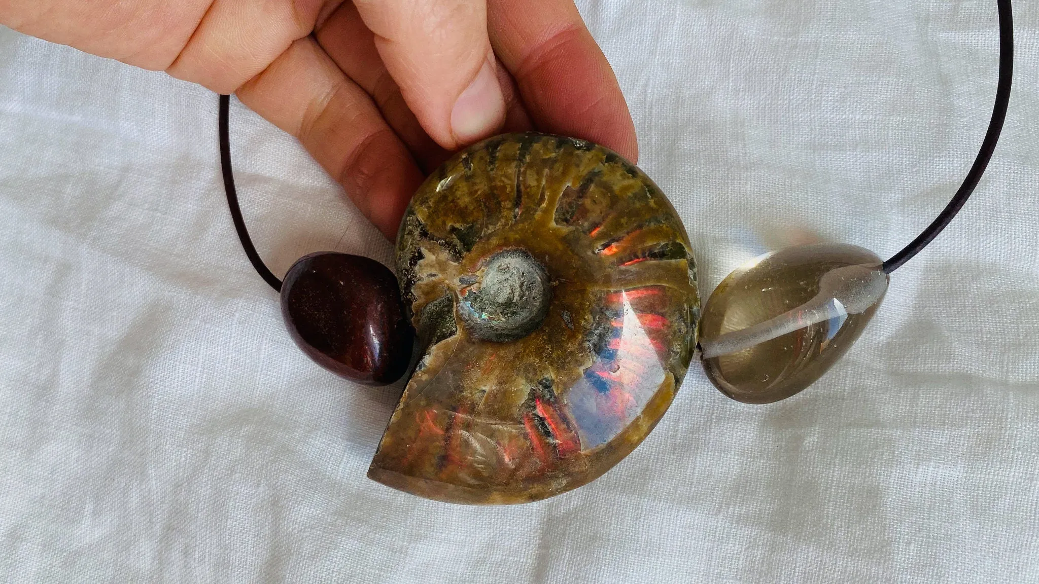 Ammonite, Red Tiger's Eye and Smoky Quartz Pendant Necklace.