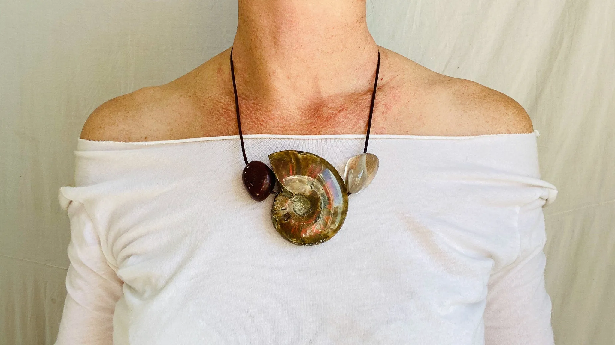 Ammonite, Red Tiger's Eye and Smoky Quartz Pendant Necklace.
