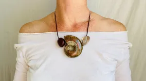 Ammonite, Red Tiger's Eye and Smoky Quartz Pendant Necklace.